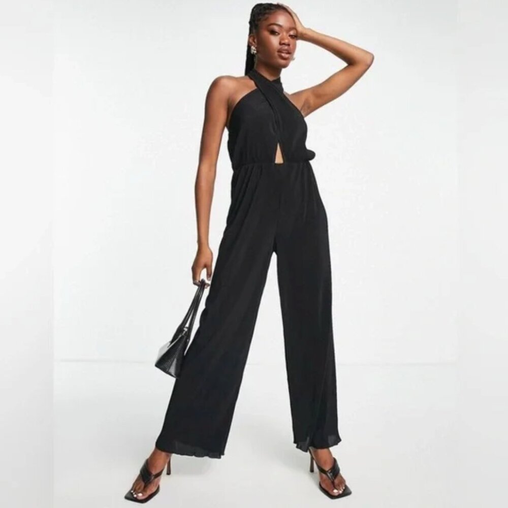 NEW & Other Stories Paris Atelier Twist Halter Jumpsuit Wide Leg Pleated Black M